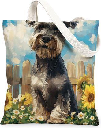 Generic Spring Schnauzer Dog Canvas Tote Bag for Shopping 13x15, Sunflower Fence Puppy Reusable Grocery Print Bag for Women, Farmhouse Pet Beach Aesthetic Pai