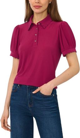 CeCe by Cynthia Steffe Puff Sleeve Polo Shirt in Vivid Plum at Nordstrom, Size X-Large