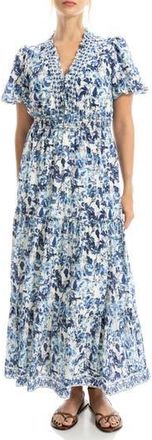 Max Studio V-Neck Short Sleeve Tiered Maxi Dress in Cream/Blue Lush at Nordstrom Rack, Size X-Large