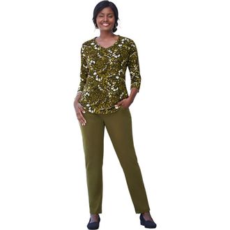 Jessica London Stretch Cotton V-Neck Tee in Dark Olive Green Feather at Nordstrom, Size 36