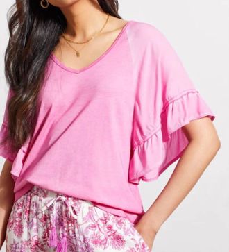Tribal Raglan Pop Over V Neck Double Frill Short Sleeve Top In Hot Pink