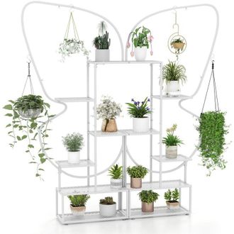 Costway Portapiante in metallo a 6 ripiani, mensola per fiori con 12 ripiani in metallo e 4 ganci a farfalla, 56 x 26 x 185 cm, bianco