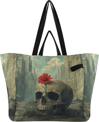 Generic Skull City Gray print Reusable Canvas Tote Bag, Heavy Duty Grocery Shopping Bag with Large Capacity Double Handles Hard Bottom Work Groceries Travel