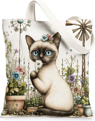 Generic Spring Siamese Cat Canvas Tote Bag for Shopping 13x15, Farmhouse Country Kitten Reusable Grocery Print Bag for Women, Farm Pet Beach Aesthetic Paintin