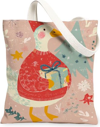 Generic Christmas Animal Canvas Tote Bags, Fanciful Duck Design Reusable Grocery Bags, Vintage Lightweight Washable Shoulder Strap, Peach, 13x15 Inch