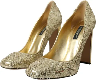 Dolce & Gabbana Womens Sequin-Embellished With Crystal Details Heel Gold Polyester Leather