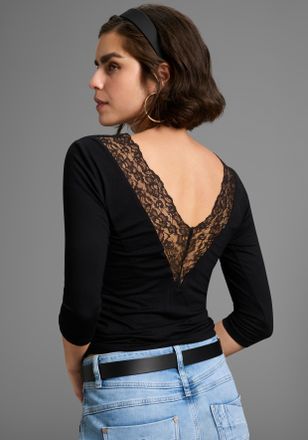 Melrose Rundhalsshirt MELROSE, Damen, Gr. 34, schwarz, Jersey, Obermaterial: 95% Viskose, 5% Elasthan. Spitze: 100% Polyester, clean, unifarben, tailliert h&uuml;f