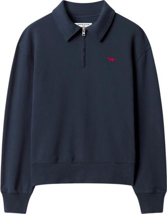 Maison Kitsun&eacute; Profile Fox Zipped Polo Sweatshirt - Heren - Vesten met rits - Blauw - L - Katoen - Hoodies & sweatvesten