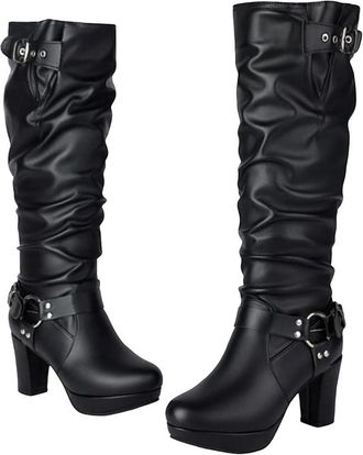 Generic Womens Pleated Knee High Boots Buckle Strap Long Heel Boots Casual Footwear