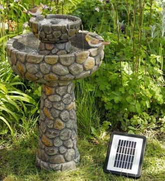 PRIMROSE Cobbled Solar 2-Tier Bird Bath Water Fountain UV Frost Resistant 68cm in Stone