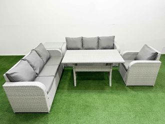Fimous 7 Seater Poly Rattan Outdoor Garden Furniture Rectangular Dining Table Sofa Set Patio 3 Seater Sofa Reclining Chair 3 Seater Sofa Side Table