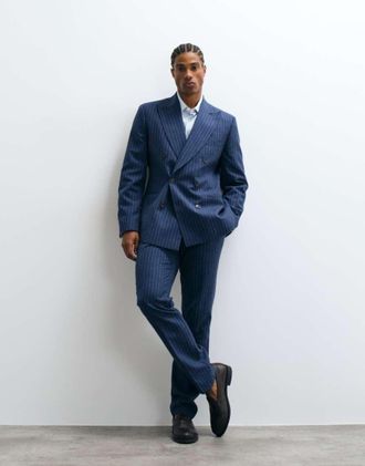 Asos pantaloni da abito slim in lino a righe navy-blu navy