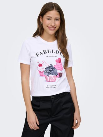 Only Kurzarmshirt ONLY ONLKITA LIFE S/S TOP BOX JRS, Damen, Gr. XL, hellwei&szlig; print:fabulous muffins, Jersey, Obermaterial: 100% Baumwolle, bedruckt, regula