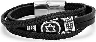 HMY Jewelry Mens Stainless Steel Star of David Layered Leather Bracelet in Black-Metallic at Nordstrom Rack