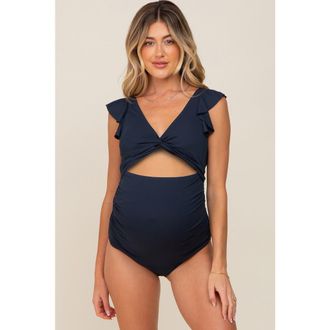 Pinkblush Ribbed Cutout Flutter One Piece Maternity Swimsuit in Navy Blue at Nordstrom, Size Medium