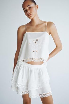 H&M Lace-trimmed Tiered Skirt in Ivory at Nordstrom, Size X-Small