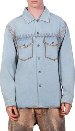 Pleasures Fortress Denim Button-Up Shirt in Washed Indigo at Nordstrom, Size Xx-Large