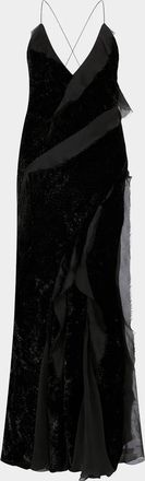 Roberto Cavalli Sleeveless Metallic Velvet Ruffled Backless Maxi Dress