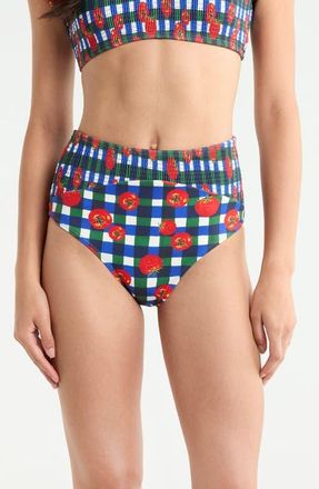 Hutch Smocked High Waist Bikini Bottoms in Gingham Tomatoes Blue/Green at Nordstrom, Size Xx-Small