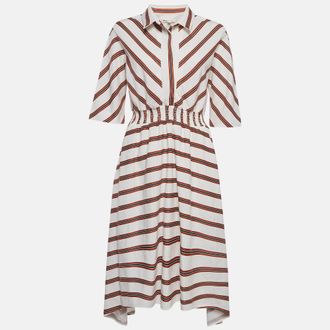Maje White/red Striped Gabardine Asymmetric Midi Dress