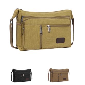 Generic Canvas Messenger Shoulder Bag, Mens Casual Crossbody Bag, Medium Shoulder Bags with Multiple Pockets for Dog Walking Cycling Daily Use (Khaki)
