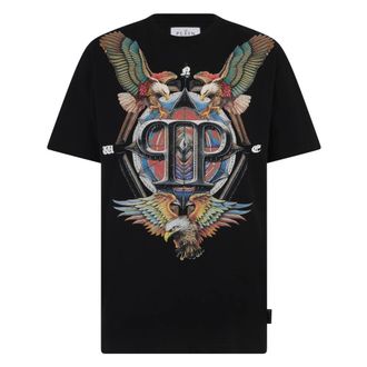 Philipp Plein Tops, Heren, Zwart, 4Xl, Katoen, Rondhals T-Shirt Eagle Tattoo