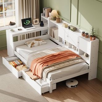 Merax 3ft Single White Wooden Daybed with Desk & Storage Drawers, Shelves