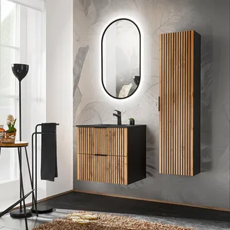 AC-D&eacute;co Ac-deco - Conjunto Mueble Lavabo Individual Encastrado 60cm Espejo Led Y Columna Gaia Madera Y Negro - Lavabo Negro