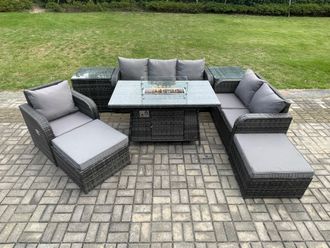 Fimous Garden Patio Furniture Wicker Rattan Gas Fire Pit Table & Sofa Chair set with 2 Side Tables 2 Big Footstool in Dark Grey