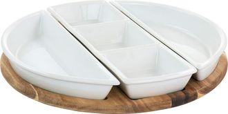 Gibson Home Gracious Dining 4 Piece Fine Ceramic Sectional Tray Set with Acacia Wood Base in White at Nordstrom
