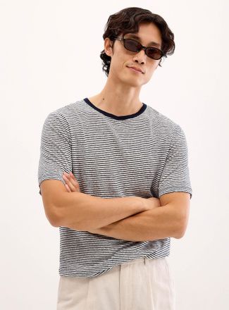 Le 31 Mens Twin-stripe 100% linen jersey T-shirt Comfort fit