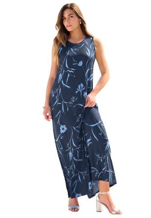 Roaman's Plus Size Sleeveless Crew Neck Maxi Dress in Navy Blue Floral at Nordstrom, Size 40