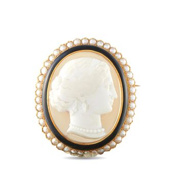 Luxury Bazaar Antique 18K Yellow Gold Hardstone and Pearl Cameo Brooch MF01-082426