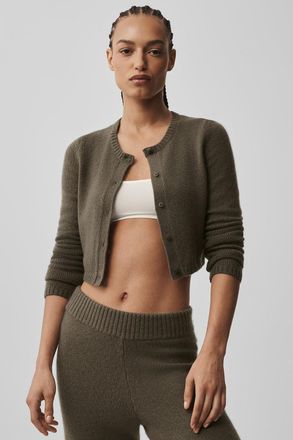 Alo | Wool Cashmere New Class Cropped Cardigan Top in Olive Tree Green, Size: Medium