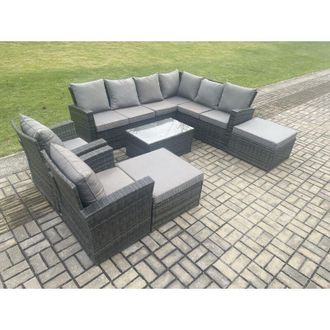 Fimous 10 Seater High Back Outdoor Garden Furniture Set Rattan Corner Sofa Set With Rectangular Coffee Table 2 Big Footstool 2 Armchairs Dark Grey Mixed