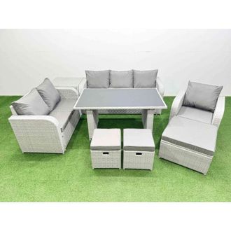 Fimous Fimous Rattan Outdoor Table Reclining Chair Sofa Set with Side Table 3 Stools Light Grey 9 Seater