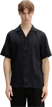 Marc O'Polo Linnen Camp Collar Korte Mouw Shirt - Heren - Korte mouwen Overhemden - Zwart - L - Linnen - Overhemden