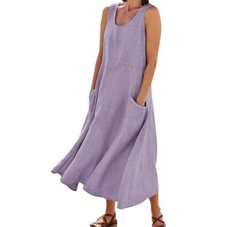 Generic Womens Nightdress Solid Colour Round Neck Pajamas Sleeveless Long Dress for Women UK Loose Cotton Linen Bodycon Dress with Pocket Casual Dress Vest Dr