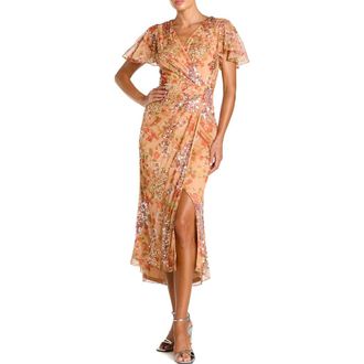 Mac Duggal Embellished Floral Flutter Sleeve Midi Dress in Apricot at Nordstrom, Size 16
