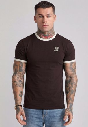 Siksilk Camiseta de Manga Corta con Cuello Contraste para Hombre en Marr&oacute;n y Crudo a Rayas XXL