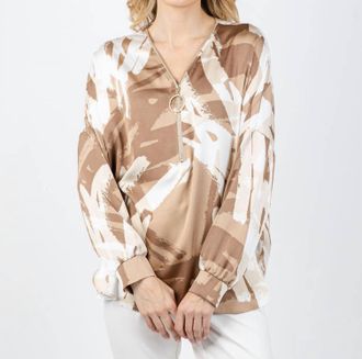 Joseph Ribkoff Satin Abstract Print Tunic Top In Beige/off White