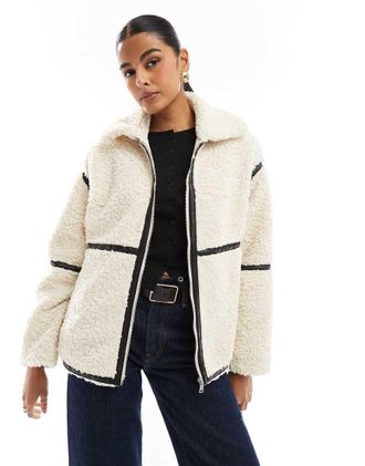 Only teddy jacket with contrast trim in cream-Brown
