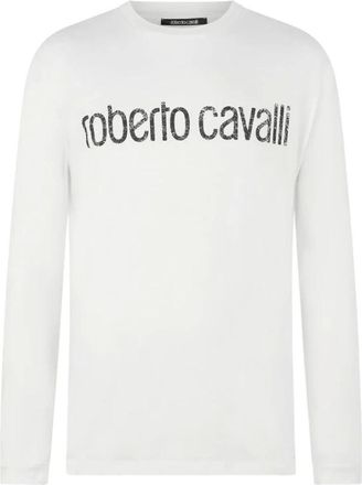 Roberto Cavalli Tops, Heren, Wit, L, Katoen, Lange mouwen T-shirt met logo