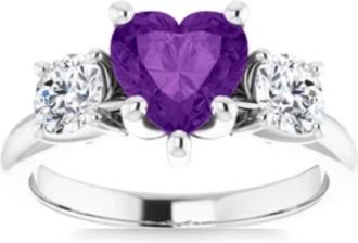 Pompeii3 7mm Amethyst Three-Stone Diamond Heart Shape Ring in 14k White or Yellow Gold