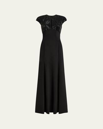 Jenny Packham Moonveil Tonal Sequin Cap-Sleeve Gown