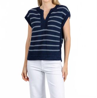 M&eacute;lissa Nepton Teresa Split V-Neck Sweater In Navy Blue