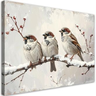 Feeby Cuadro Sobre Lienzo, Gorriones Posados En Una Rama En Invierno, 120x80