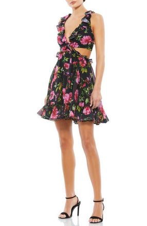 Mac Duggal Floral Ruffle Cut Out Lace Up Flowy Mini Dress in Black Multi at Nordstrom, Size 8