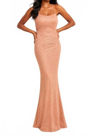 Faviana Crystal Embellished Mesh Long Dress With Lace-Up Back In Rose Gold