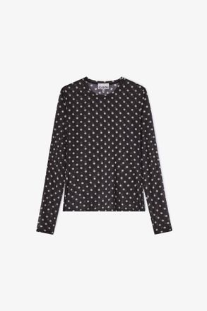 Ganni Printed Sheer Long-sleeve Top - Size 34 Black